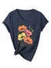 Camiseta de manga corta con cuello en V, elegante, para mujer, con cuatro flores rosas y amarillas, adecuada para comercio exterior