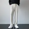 Estilo Ligeiramente Maduro Calça Casual de Seda Gelada Fina Fluida Calça de Terno Pequena Masculina Verão Solta de Perna Reta Cordão Não Amassa Calça Longa Tendência