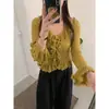 Suéter de punto ajustado con volantes de diseño coreano, nuevo y versátil suéter de punto con cuello en V que estiliza la cintura para mujer, otoño 2026