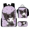 Producto Nuevo 2023 Bolsa para Comida Kuromi Set de Tres Piezas Venta al por Mayor Comercio Exterior Mochila para Computadora para Estudiantes de Primaria y Secundaria