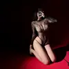 Body Sexy Preto de Renda com Rede, Manga Longa, Transparente, Vazado, Sexy, Justo, de Malha, Costas Abertas, Camada Base Macacão