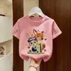Camiseta Manga Curta Bordado Imitação Desenho Zootopia 2026 Novo Estilo Verão Solta e Estilosa Top da Moda para Meninos e Meninas