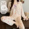Pijama de Algodão Nuvem para Mulheres, Primavera e Outono, com Bojos, Renda Doce de Desenho Animado, Manga Longa e Calça, Conjunto Solto para Casa
