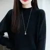 Primavera 2026 Nuevo Estilo Algodón Puro Engrosado Cuello Medio Alto Tejido Estilo Coreano Manga Larga Color Sólido Holgado Versátil Camiseta Básica para Mujer