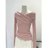 Camiseta de punto fina y elegante para mujer, de manga larga, con cuello en V cruzado plisado, de terciopelo cómodo, de un solo hombro, para otoño e invierno, venta al por mayor transfronteriza