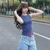 Camiseta sin mangas de cuello redondo estilo americano con efecto desgastado transfronterizo, atuendo de chica picante, camiseta vintage lavada con hombros descubiertos, camiseta de tirantes para mujer que realza la cintura