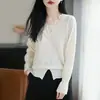 Nuevo estilo de primavera, organza de lana hilada fina, encaje, cuello en V, cuello de encaje tejido, elegante, suelto, calado, capa base fina