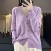 Cárdigan de punto sin costuras de una pieza para otoño e invierno, cuello en V, 100% lana tejida, color liso, chaqueta superior de estilo coreano simple para mujer