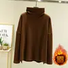 Camiseta de veludo solto de gola alta de manga comprida feminina com gola de pilha interna quente plus size Camisa de base de estilo ocidental grosso outono e inverno Top