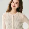 Cárdigan de punto abierto de cachemira y seda de morera de alta gama, delicado, estilo nuevo, cuello redondo, abrigo suéter para mujer
