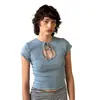 Top Corto Retro Simple de Encaje con Corte y Cordones Estilo Coreano Cuello Redondo con Lazos Hueco Ajustado Camiseta de Manga Corta Corta Ropa para Mujer