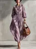 Coleção outono 2026 europeia e americana transfronteiriça: vestido maxi estampado em sarja, com mangas bufantes e saia ampla, cintura marcada, perfeito para férias em um resort