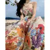 Pausa para o Chá Estilo Francês Desejo Puro Vestido de Férias Colorido Floral Sem Alças Cintura Alta Boêmio Longo Litoral