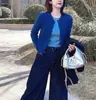 Suéter de Punto Joli Choos Azul Cuello Redondo Diseño Falso de Dos Piezas para Mujer Otoño Delgado Aspecto Nicho Top