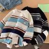 Suéter Masculino Listrado Color Block Outono Inverno Estilo Japonês Gola Redonda Solto Pulôver Tricô Tendência Suéter Jaqueta Retrô