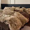 Manta con Estampado de Leopardo Maillard de Piel de Conejo Juego de Cuatro Piezas Invierno Engrosado Cálido Sábana Bajera y Funda de Edredón de Terciopelo de Leche Ropa de Cama