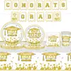 Nuevos Suministros de Decoración para Fiesta Temática de Temporada de Graduación 2026 Platos de Papel Oro Negro y Oro Blanco, Manteles y Juego de Vajilla