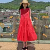 Estilo Vacaciones de Verano Chic de Corea del Sur Retro Francés Sencillo Holgado Blanco Rojo Vestido Chaleco sin Mangas