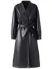 Abrigo de cuero con cordones de doble botonadura de longitud media para mujer Haining, gabardina elegante, nueva chaqueta de piel de oveja para otoño e invierno