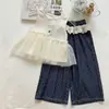 Conjunto de Pantalones Anchos de Mezclilla Suave con Lunares y Caída para Niñas, Verano Holgado, Conjunto de Dos Piezas con Top de Malla Acampanado que Favorece la Figura