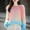 Nova coleção outono e inverno: suéter de lã de caimento solto, estilo descontraído, com cor em degradê, em tricô de seda escovada, gola redonda feminina, peça de cima de suéter espessa