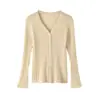 26 Nuevo Cárdigan de Punto de Manga Larga con Cuello en V y Canalé de Tencel y Lino para Mujer, Color Sólido, Corte Holgado, Chaqueta Suéter Delgado