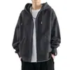 Moletom Cardigan com Zíper Cor Sólida Masculino Primavera e Outono Solto com Capuz Estilo Estudante Hong Kong Jaqueta de Veludo com Capuz Masculina Inverno