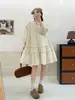 Ropa Nueva de Primavera y Otoño para Mujer Estilo Bosque Escote Encaje Jersey Vestido Casual Encaje Oreja de Madera Vestido Manga Linterna