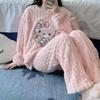 Ropa de Casa para Gatitos Pijama de Terciopelo Coral para Mujer Otoño e Invierno Franela Gruesa Dulce Dibujo Animado Lindo Jacquard Traje Cálido
