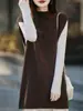 Colete Tricotado de Lã 100% Estilo Coreano Preguiçoso de Comprimento Médio com Gola Alta Parcial para Mulheres Outono e Inverno Suéter Vestido Solto Sem Mangas