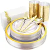 175 traje comercio exterior vajilla plato desechable plato con borde dorado copa de vino cuchillo, tenedor y cuchara plástico duro PS tejido plateado