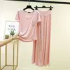 Conjunto de Duas Peças: Camiseta Modal de Gola Redonda com Bolso e Manga Curta + Calça Wide Leg de Cintura Alta com Amarração Novo Conjunto Plus Size