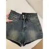 Shorts de mezclilla azules estilo vintage americano talla extra para verano, de tiro alto, adelgazantes, corte A, elásticos, de corte recto, hot pants para mujeres talla extra