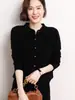 Cardigan de Cashmere com Gola Polo Novo Estilo Primavera e Outono Feminino Manga Longa Cor Sólida Solto Tricô Camisa Suéter Jaqueta Top