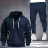 Conjunto de Moletom com Capuz Forrado de Lã para Homens de Comércio Exterior, Conjunto Casual Estilo Workwear com Zíper Metade, Conjunto Popular de Duas Peças para Comércio Exterior