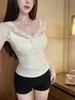 Nueva colección de primavera y otoño: un top de punto puro y seductor, con ribete de encaje sexy, escote en V y mangas largas, perfecto como capa interior para un look de chica trendy y hot