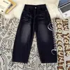 Calça Jeans Vintage Americana com Estampa de Letras de Rua Personalizada, Design Único, Perna Reta Solta em Estoque