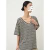 Playera de Hombro Rayada de Manga Corta para Mujer Verano 2025 Nueva Suelta Casual Versátil Cuello en V Adelgazante Top Ins Trendy