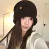 2026 Inverno Dobrado Botão Lã Tricô Chapéu Feminino Afinar Rosto Quente Slouchy Chapéu Dobrado Cor Sólida Gorro