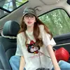 Camiseta de Manga Corta con Estampado de Gato de Dibujos Animados Estilo Lindo para Mujer Verano Encaje Jacquard Semitransparente Holgada Versátil Top Moderno