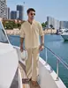 Primavera 2026 Comercio Exterior Amazon Más Vendido Conjunto de Camisa Henley Casual de Lino y Algodón de Color Sólido para Hombre + Pantalones
