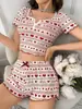 Nuevo Estilo 2025 Ropa de Casa con Estampado de Corazón y Botones de Canalé Conjunto de Pijama para Mujer que se Puede Usar Afuera como Ropa de Salón