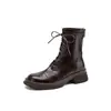 Botas Martin Silenciosas de Solado Fino com Cano Alto 2026 Outono/Inverno Solado Grosso Salto Médio Robusto Bico Redondo Pele de Ovelha Stretch Botas de Cano Curto com Cadarço para Mulheres