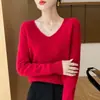 Suéter de tricô seamless de peça única para outono e inverno, suéter de tricô fashion com decote V para mulheres, suéter casual versátil multicor de manga longa para mulheres