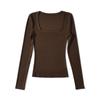 BT327-22 Inverno Novo Básico Casual Fio Fino Gola Quadrada Ombro Manga Longa Camiseta Top Básico para Mulheres