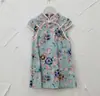Ropa para niñas, cheongsam floral, estilo chino, versión coreana, vestido Hanfu de algodón fino de manga corta línea A, al por mayor