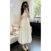 Vestido blanco de manga corta estilo francés para mujer, nuevo modelo de verano 2026, entallado en la cintura, adelgazante, vestido largo floral para mujer