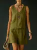 2026 Verano Nuevo Estilo Casual Sin Mangas Lino Algodón Top Chaleco Pantalones Cortos Conjunto de Dos Piezas para Mujer Personalización