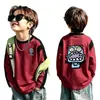 Camiseta de manga comprida com blocos de cor e retalhos para meninos, estilo primavera e outono, coleção de outono infantil, para meninos mais velhos, camiseta com manga raglan, blusa de modelagem solta