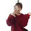 Sudadera Roja de Estilo Coreano Falsa de Dos Piezas con Encaje Empalmado para Mujer en Otoño e Invierno Nuevo Diseño Top Versátil de Cachemir que Reduce la Edad